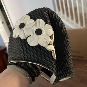 Swim cap women’s long hair black white flowers rubber latex swimming dry hair